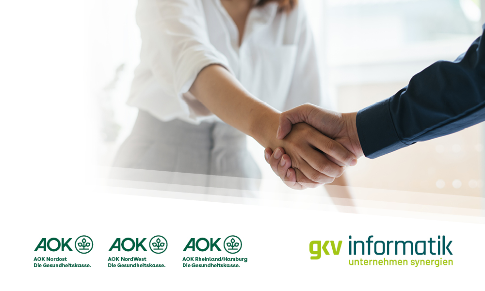 Logos von gkv informatik, AOK Rheinland/Hamburg, AOK NordWest, AOK Nordost und ein Bild schüttelnder Hände.